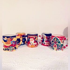 Set of five vintage Christmas mugs.  Certified International, 3D Christmas mugs.
